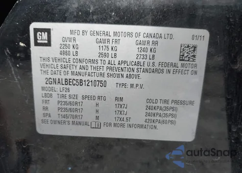 2011 Chevrolet Equinox Ls из США, поврежденный, VIN 2GNALBEC5B1210750